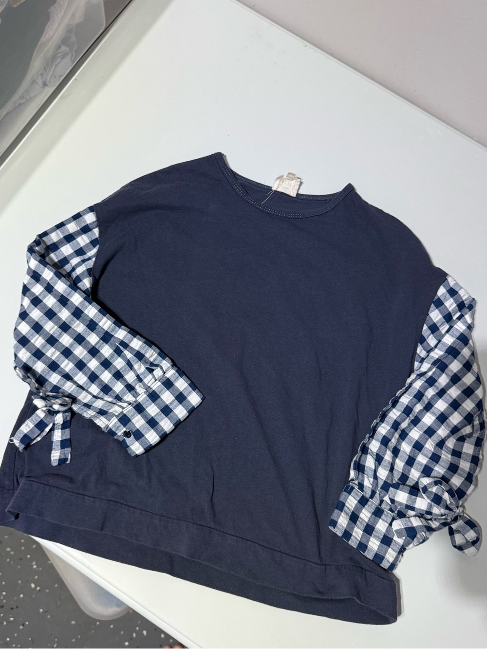 Hayden Girls Navy & White Gingham Tie Sleeve Top